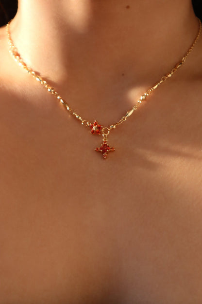 18K Real Gold Plated Garnet Starlight Cross Necklace