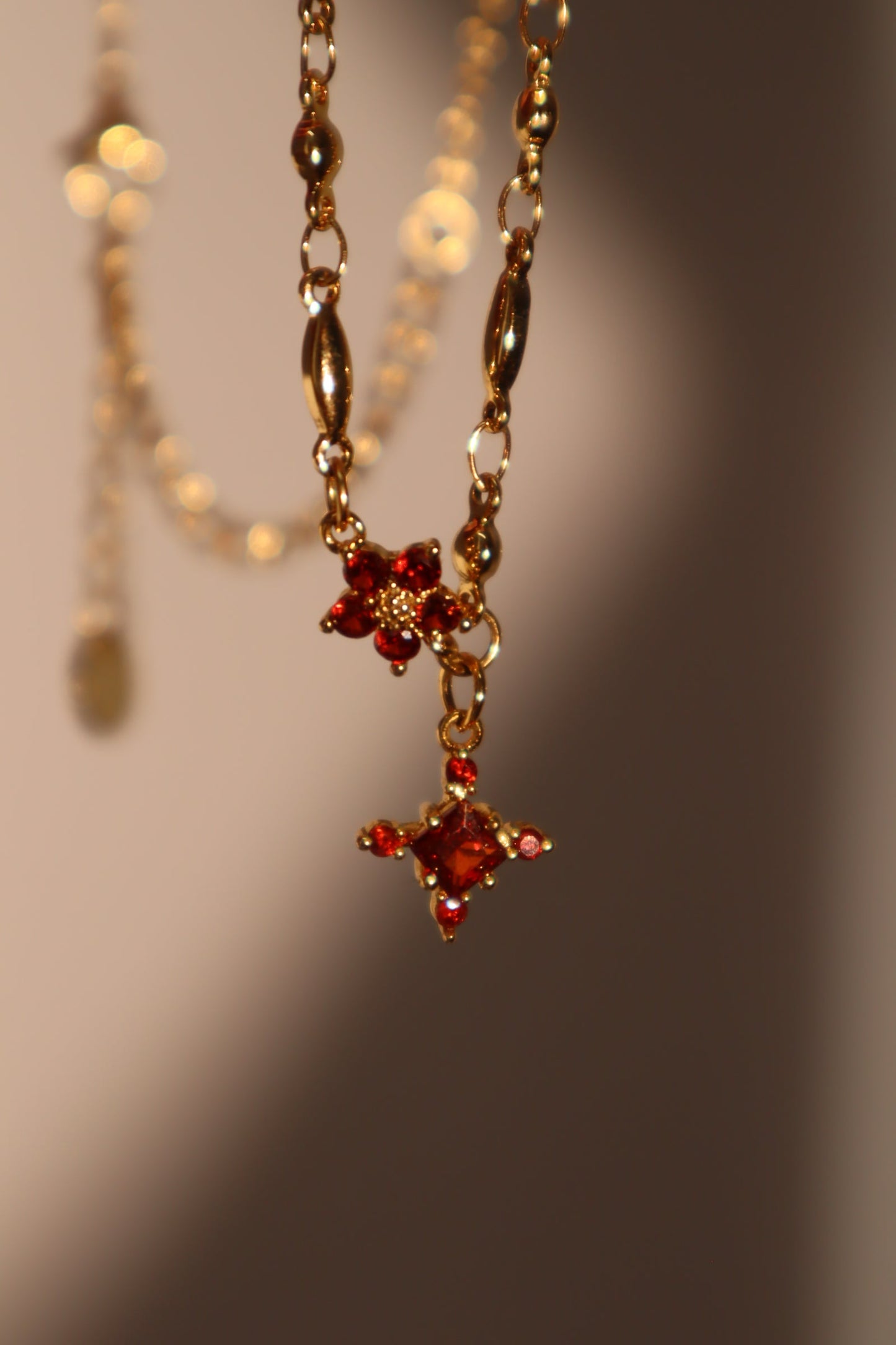 18K Real Gold Plated Garnet Starlight Cross Necklace