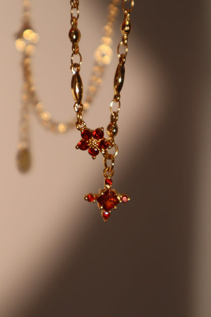 18K Real Gold Plated Garnet Starlight Cross Necklace
