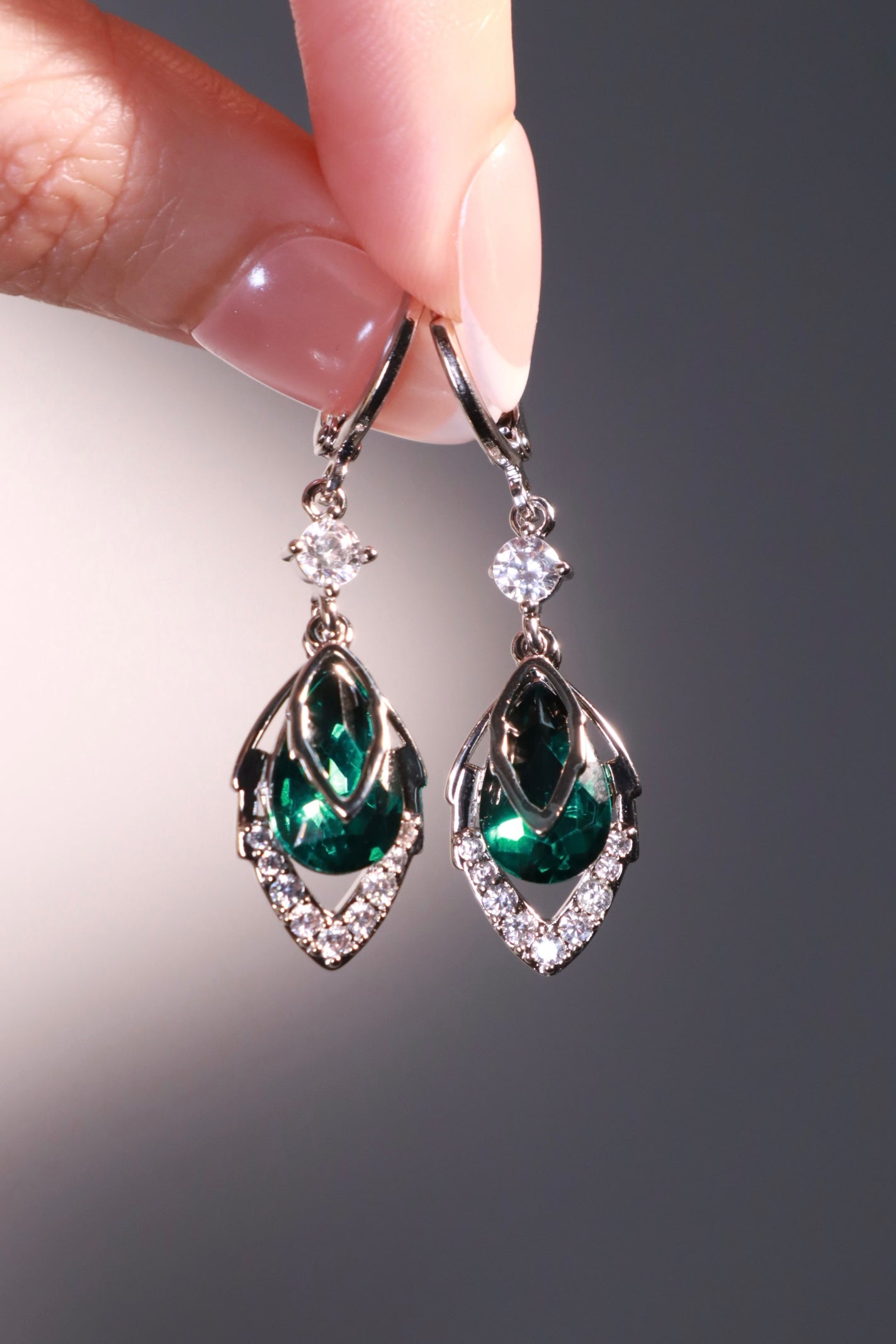 Palladium White Gold Plated Green Gem Droplet Earrings