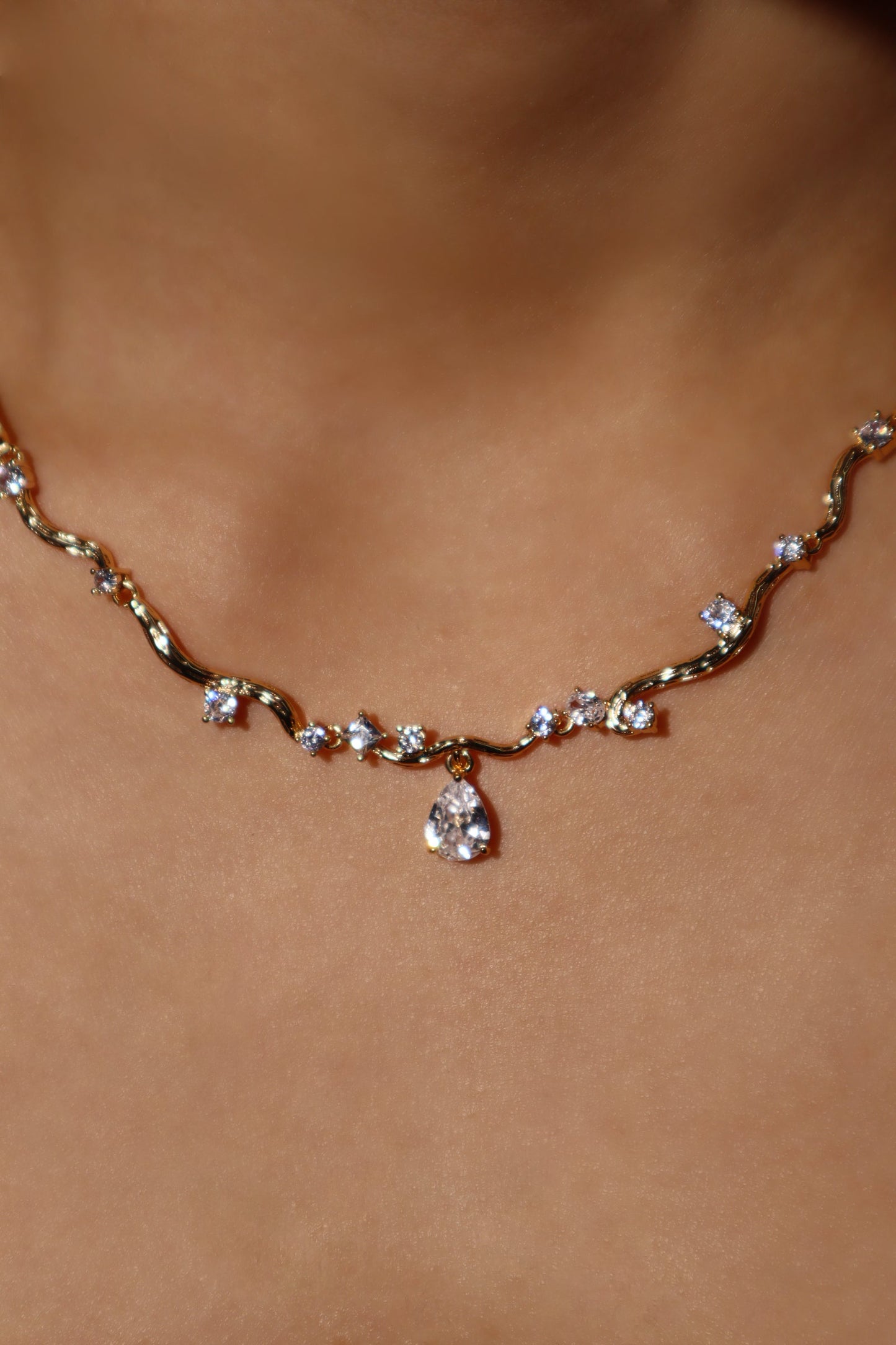 18K Real Gold Plated Diamond Spiral Drop Necklace