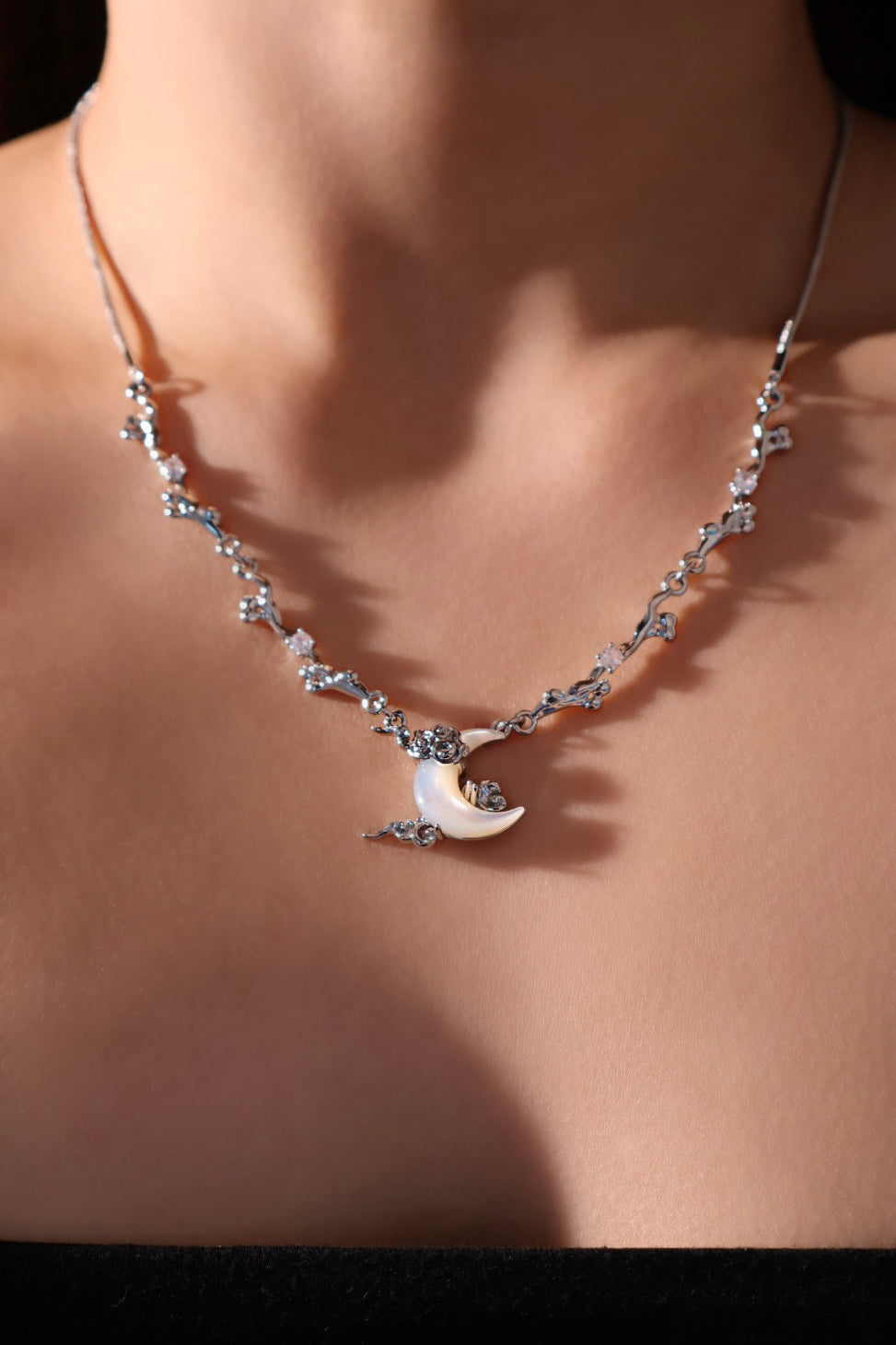 Palladium White Gold Plated Diamonds Natural Shell Moon Necklace