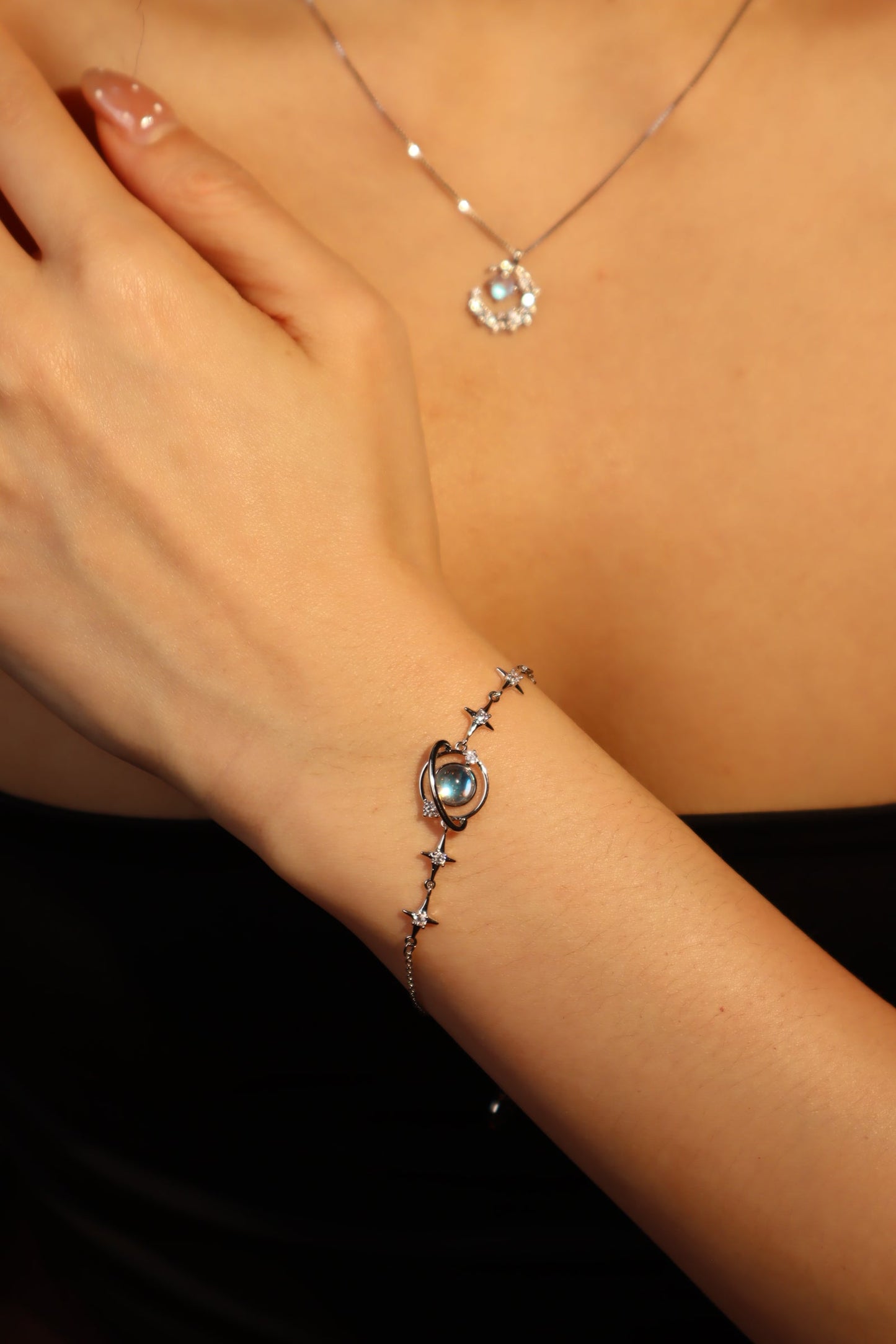 Palladium White Gold Plated Moonstone Saturn Star Bracelet