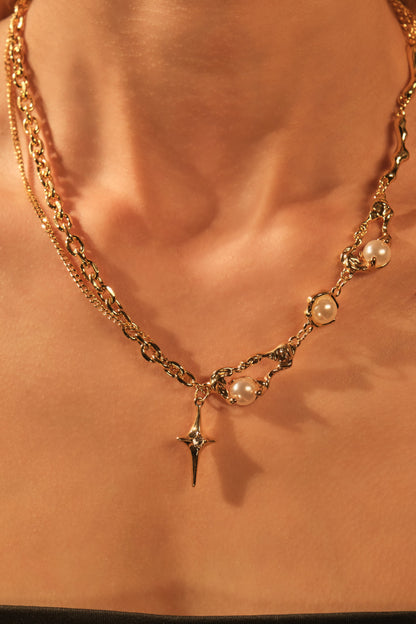 18K Real Gold Plated Pearl Star Necklace