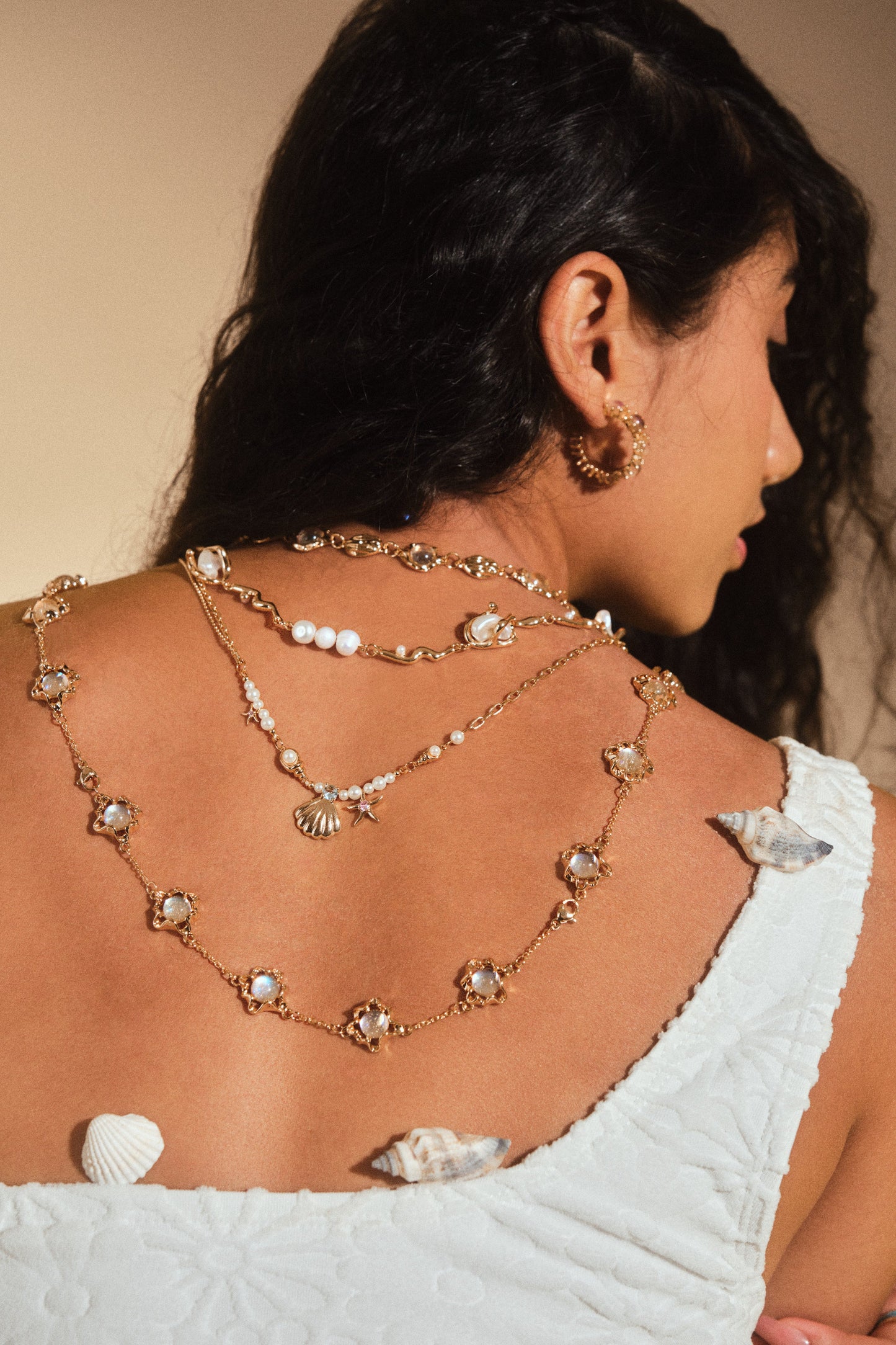 18K Real Gold Plated Multi Moonstone Shell Necklace