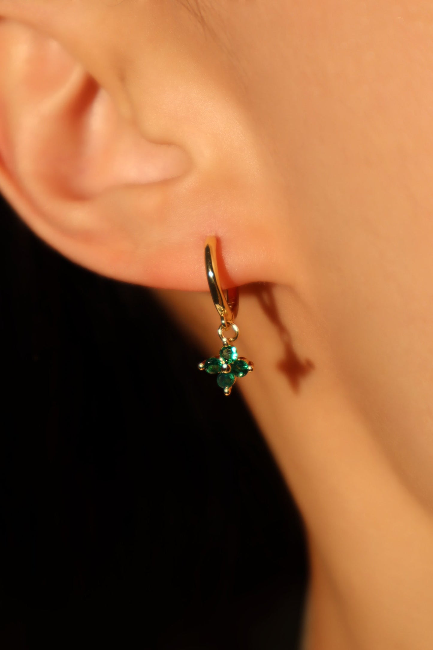18K Real Gold Plated Green Gem Starlight Petal Hoop Earrings