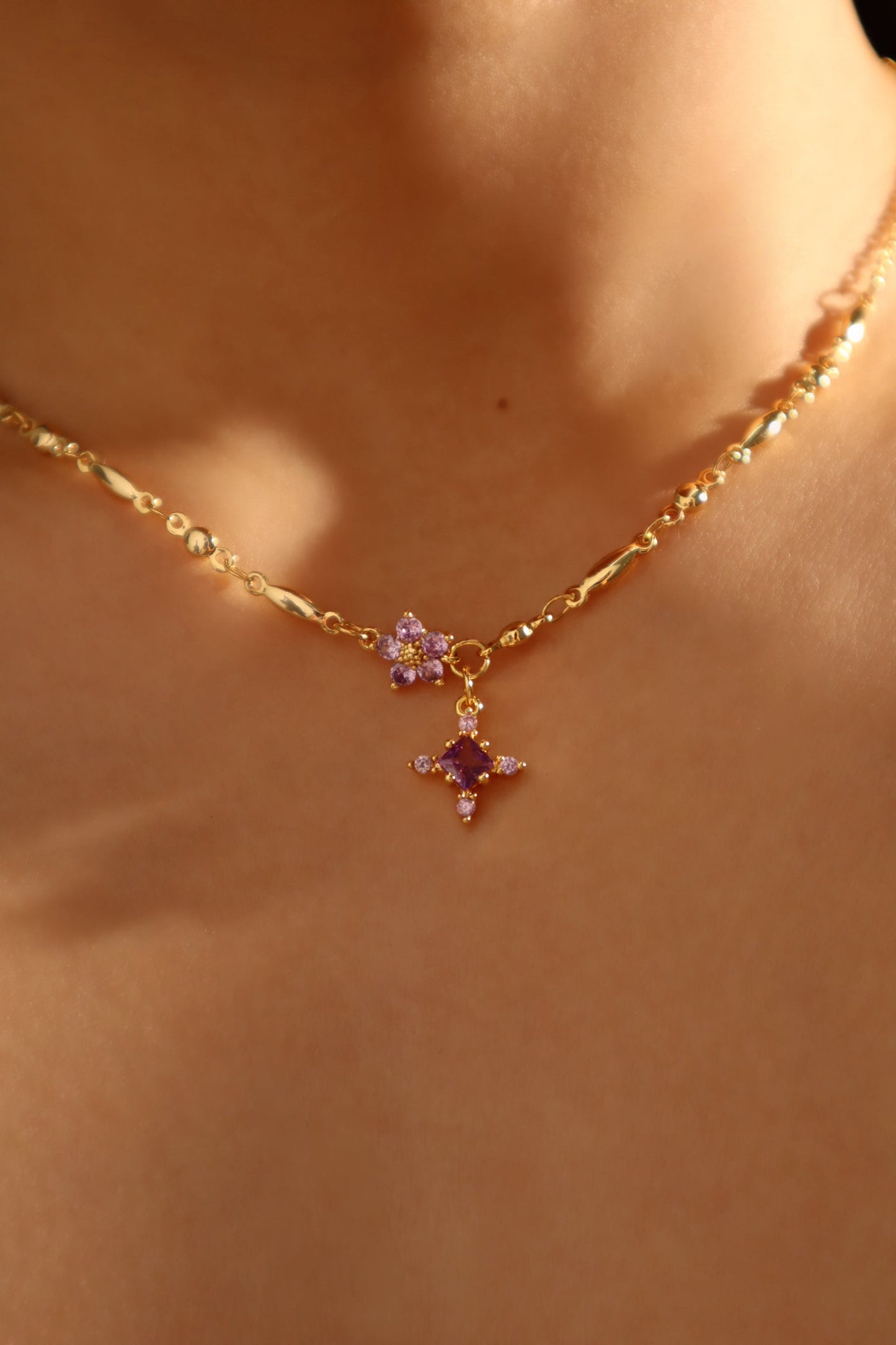 18K Real Gold Plated Amethyst Starlight Cross Necklace