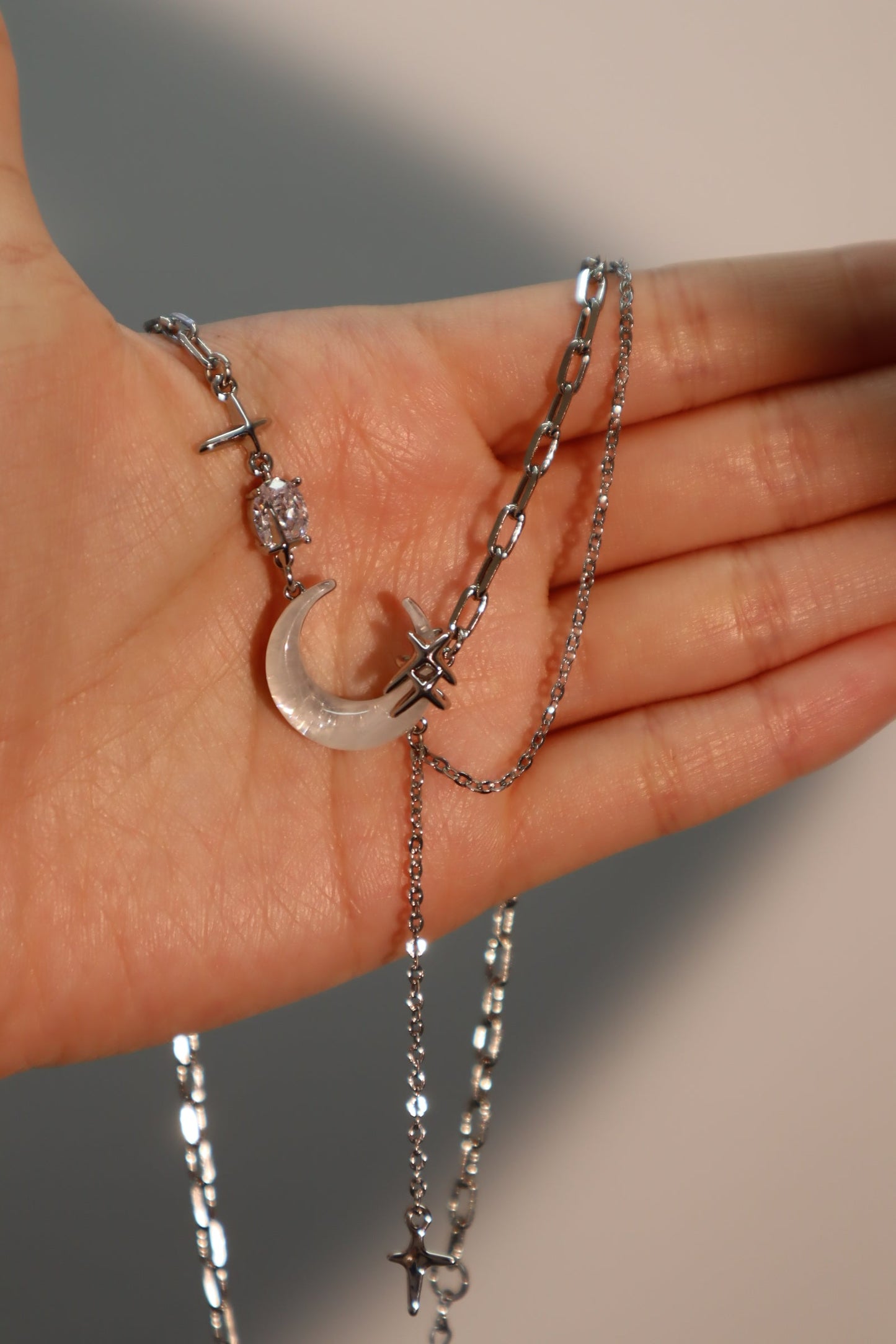 Palladium White Gold Plated Moon Star Chain Necklace