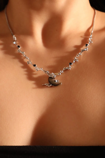 Palladium White Gold Plated Black Shell Moon Necklace