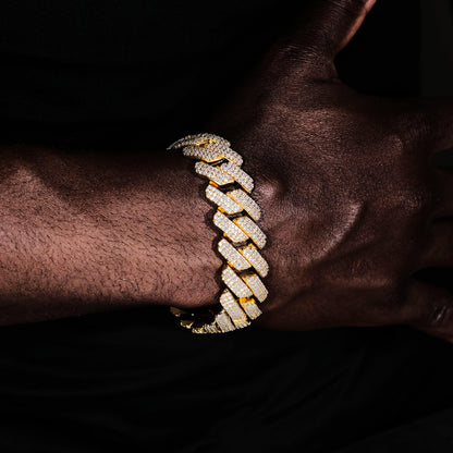 19MM 3Row Prong Cuban Link Necklace + Bracelet Bundle In 18K Gold