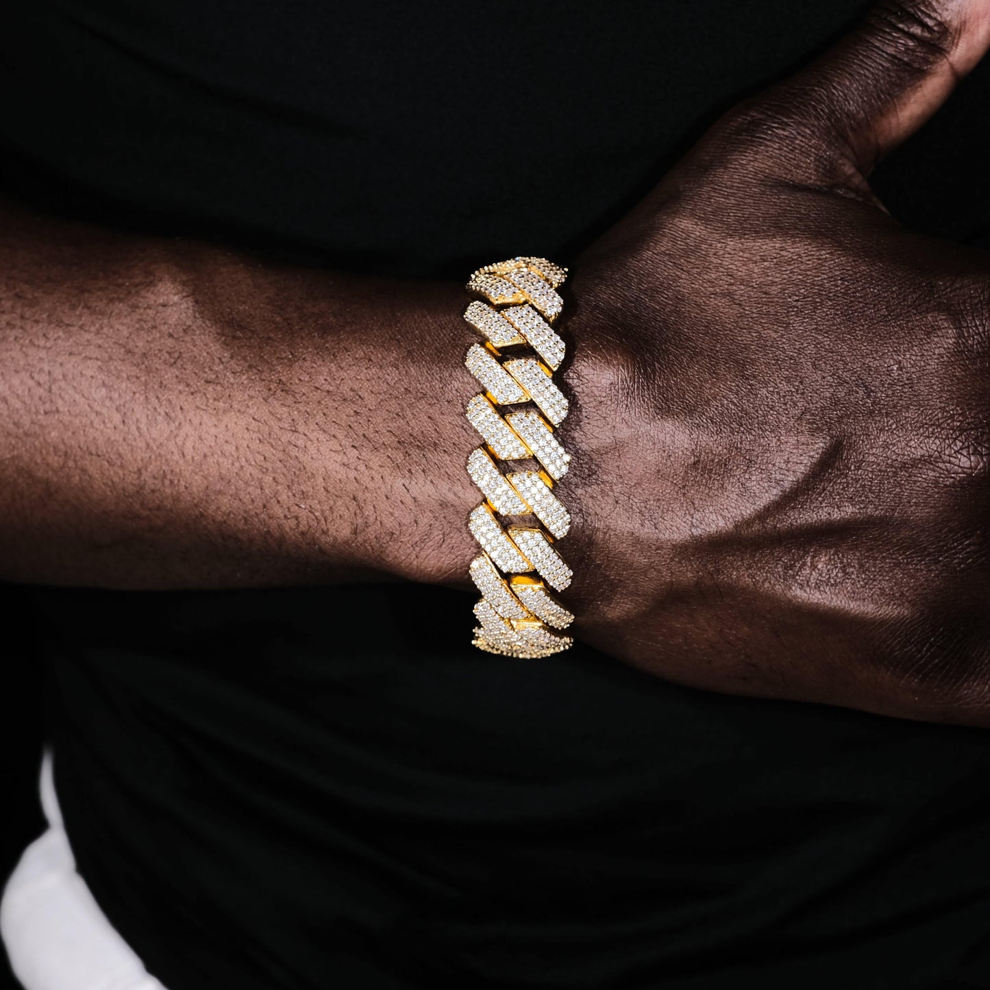 19MM 3Row Prong Cuban Link Necklace + Bracelet Bundle In 18K Gold