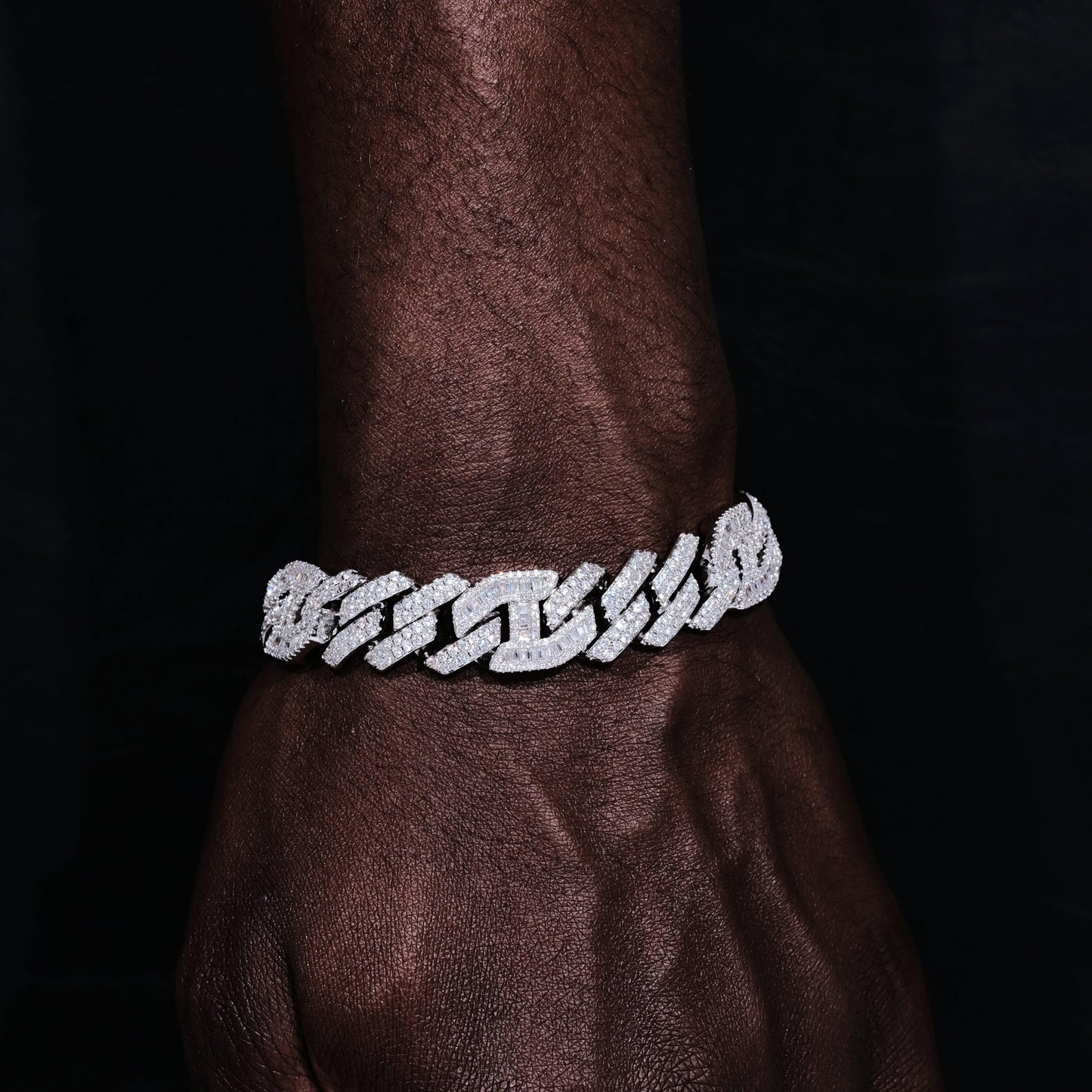 12mm Prong Baguette Curb Bracelet White Gold