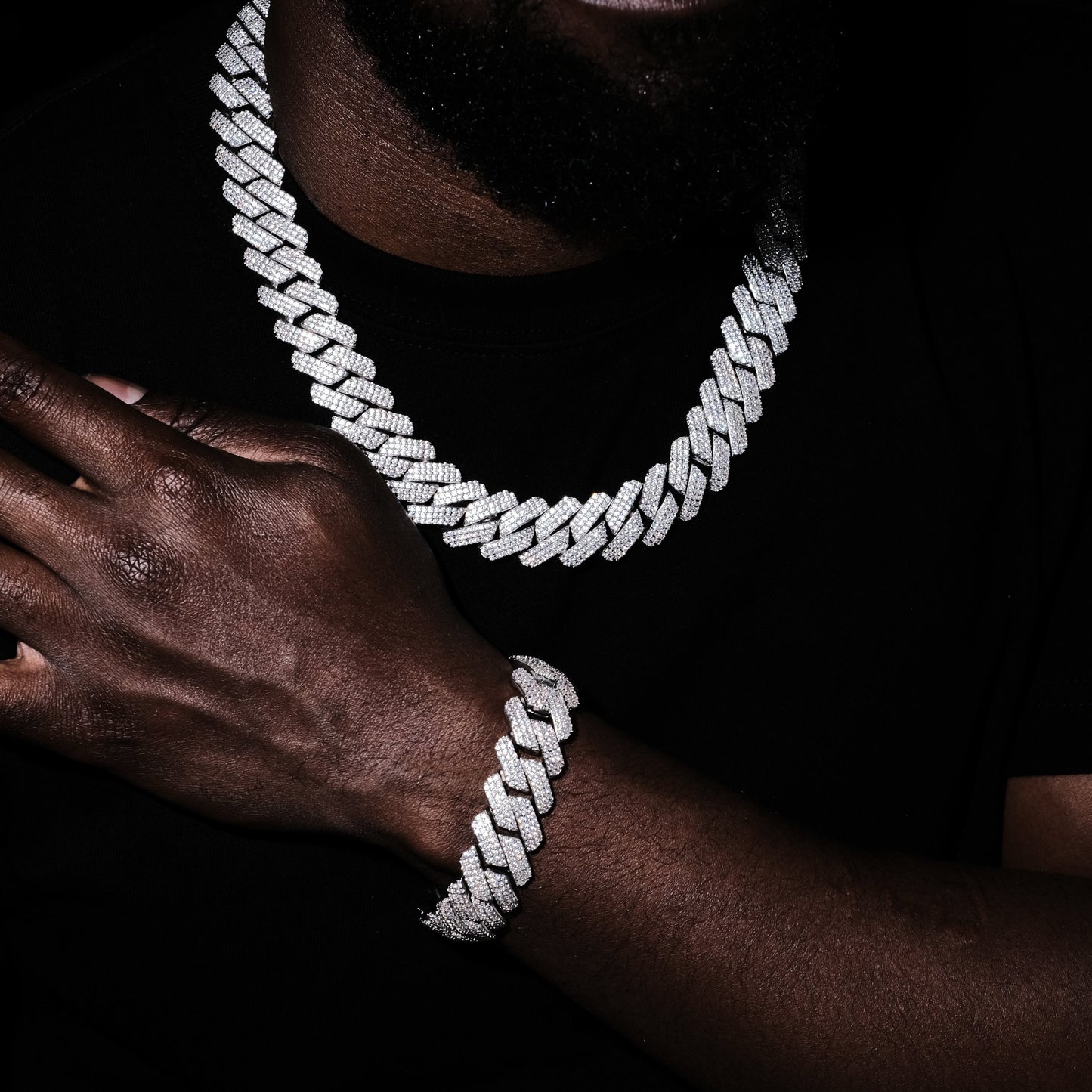 19MM 3Row Prong Cuban Link Necklace + Bracelet Bundle In WhiteGold
