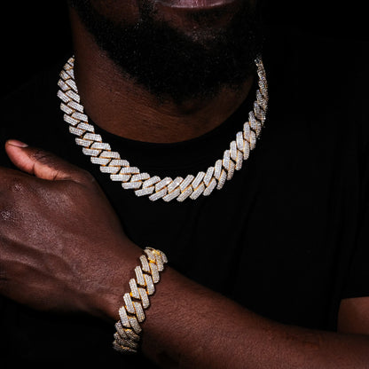 19MM 3Row Prong Cuban Link Necklace + Bracelet Bundle In 18K Gold