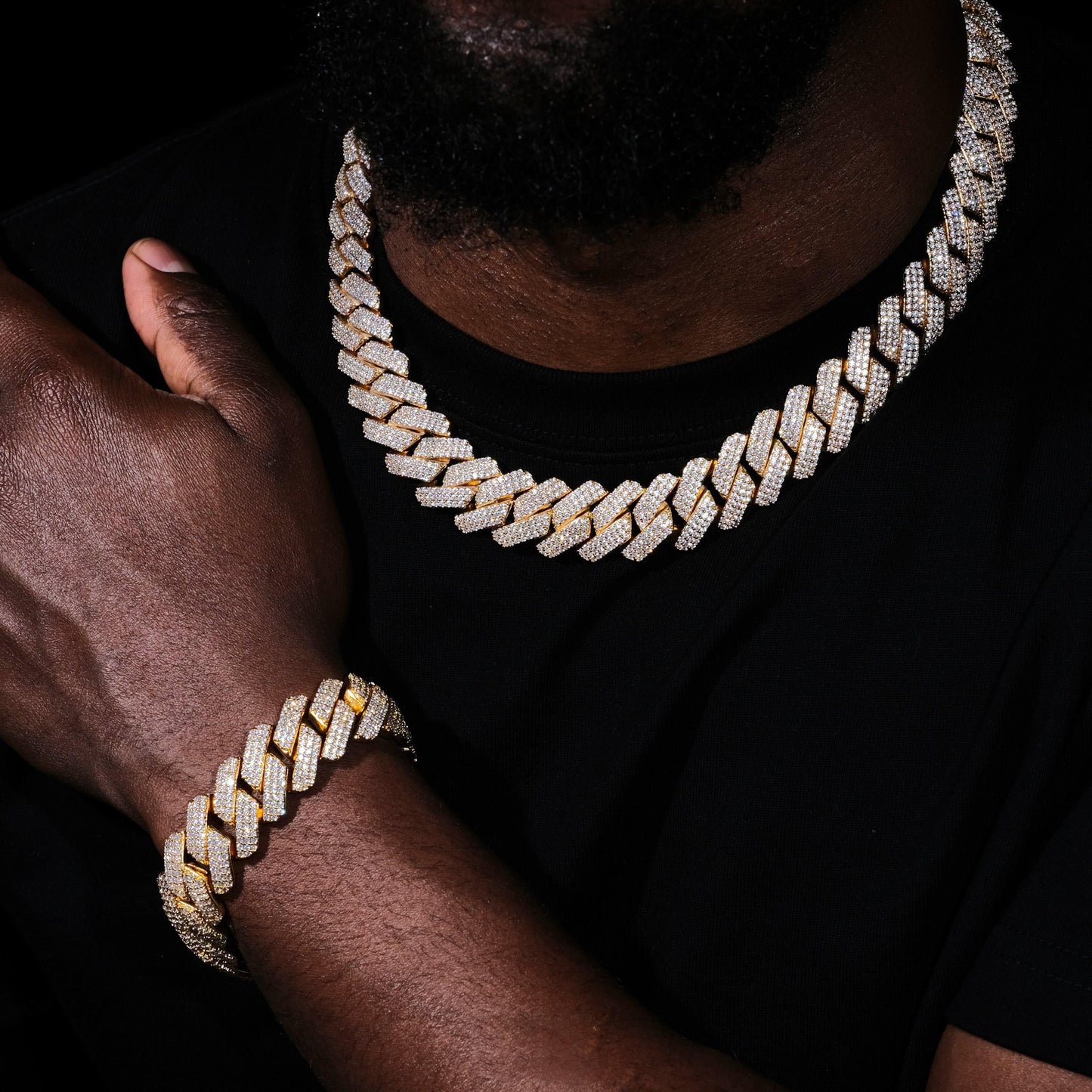 19MM 3Row Prong Cuban Link Necklace + Bracelet Bundle In 18K Gold