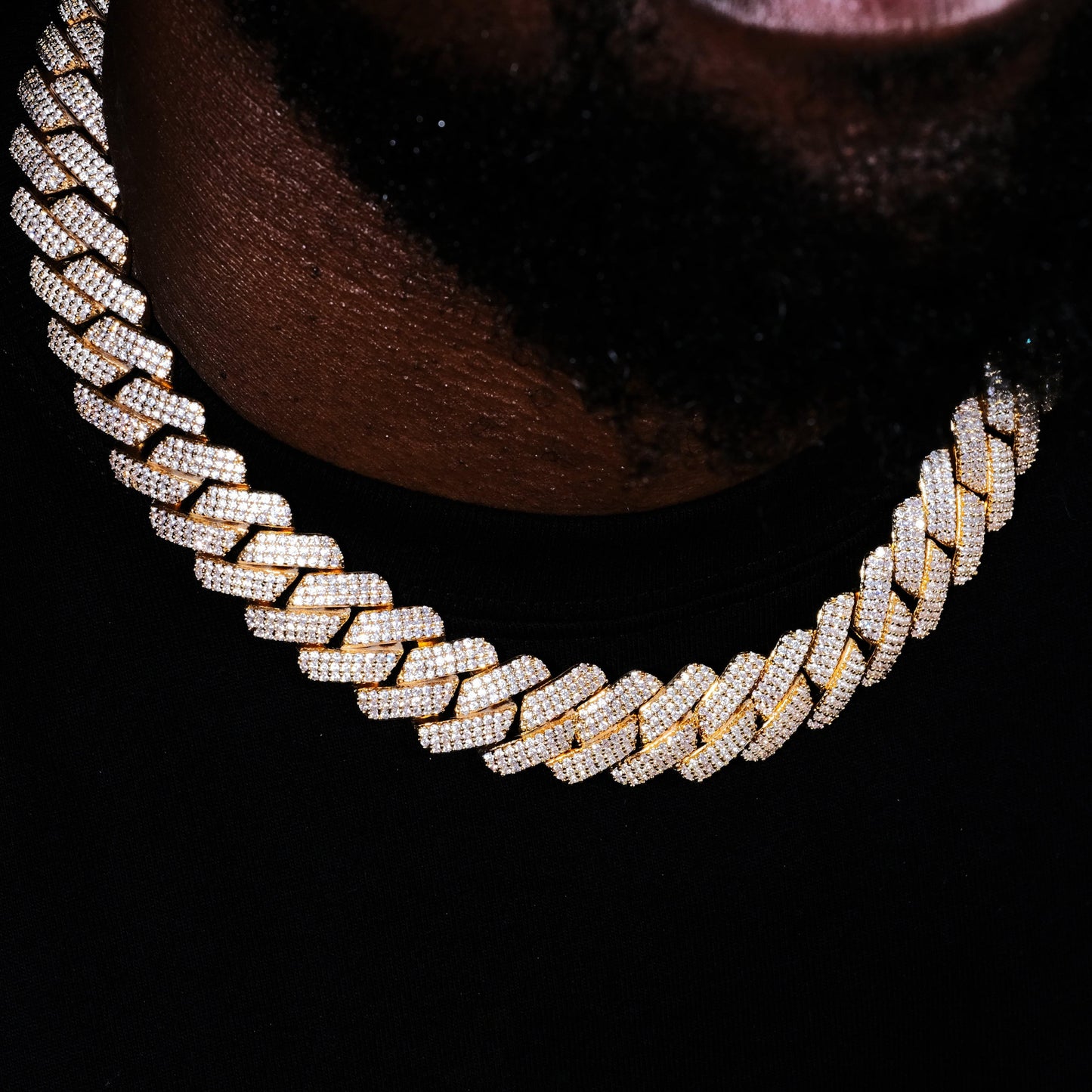 19MM 3Row Prong Cuban Link Necklace + Bracelet Bundle In 18K Gold