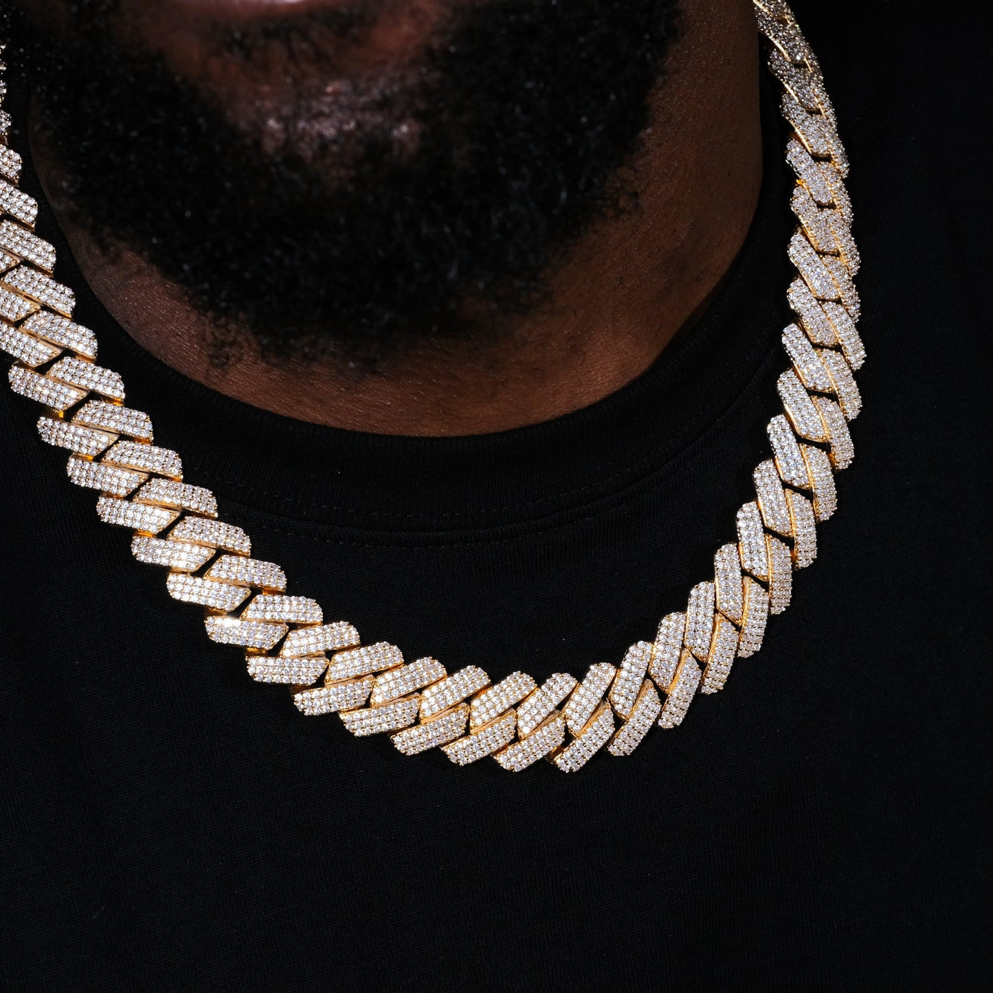 19MM 3Row Prong Cuban Link Necklace + Bracelet Bundle In 18K Gold