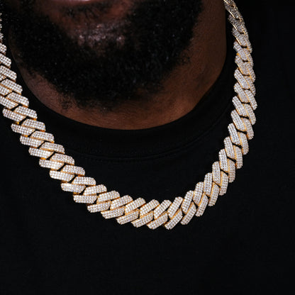 19MM 3Row Prong Cuban Link Necklace + Bracelet Bundle In 18K Gold