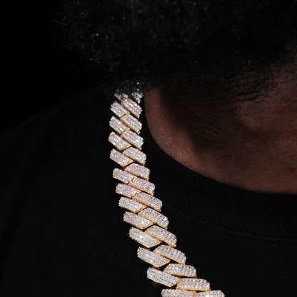 19MM 3Row Prong Cuban Link Necklace + Bracelet Bundle In 18K Gold