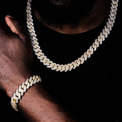 14MM 2Row Prong Cuban Link Necklace + Bracelet Bundle In 18K Gold