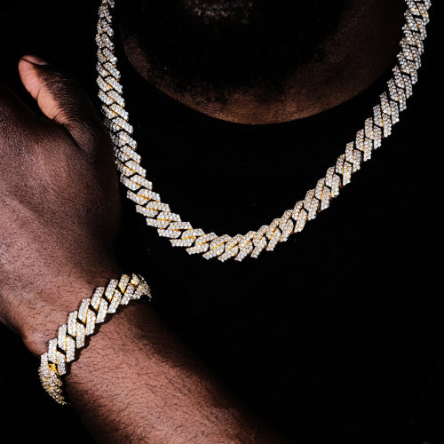 14MM 2Row Prong Cuban Link Necklace + Bracelet Bundle In 18K Gold