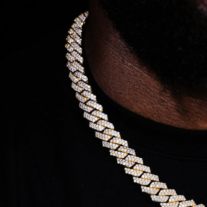 14MM 2Row Prong Cuban Link Necklace + Bracelet Bundle In 18K Gold