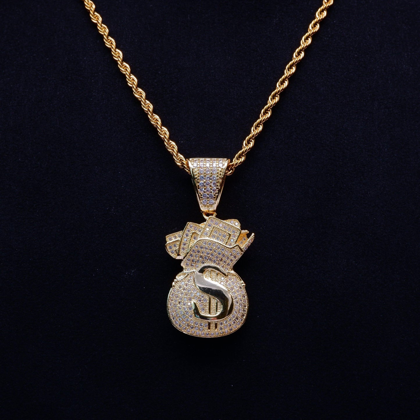 2020 18K Gold-Plated Dollar Money Bag BlingBling Pendant