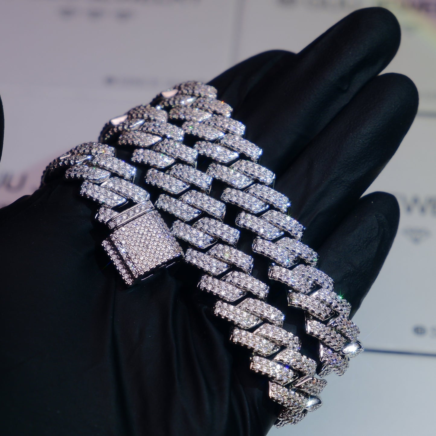 18K White/Gold-Plated Seamless Rhombic Iced Cuban Chain