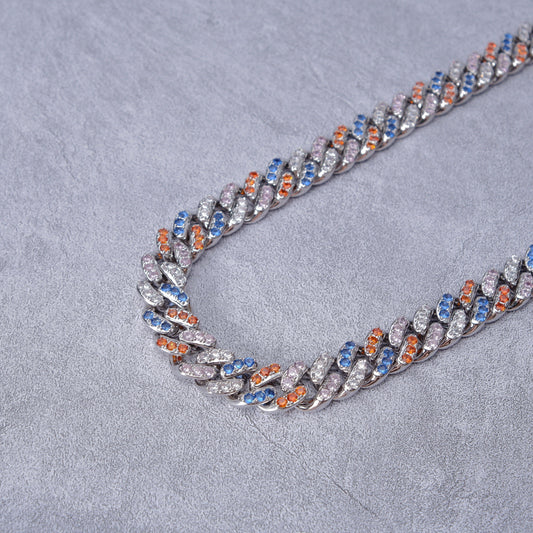 13mm 18K WhiteGold-Plated Colorful Iced Cuban Chain