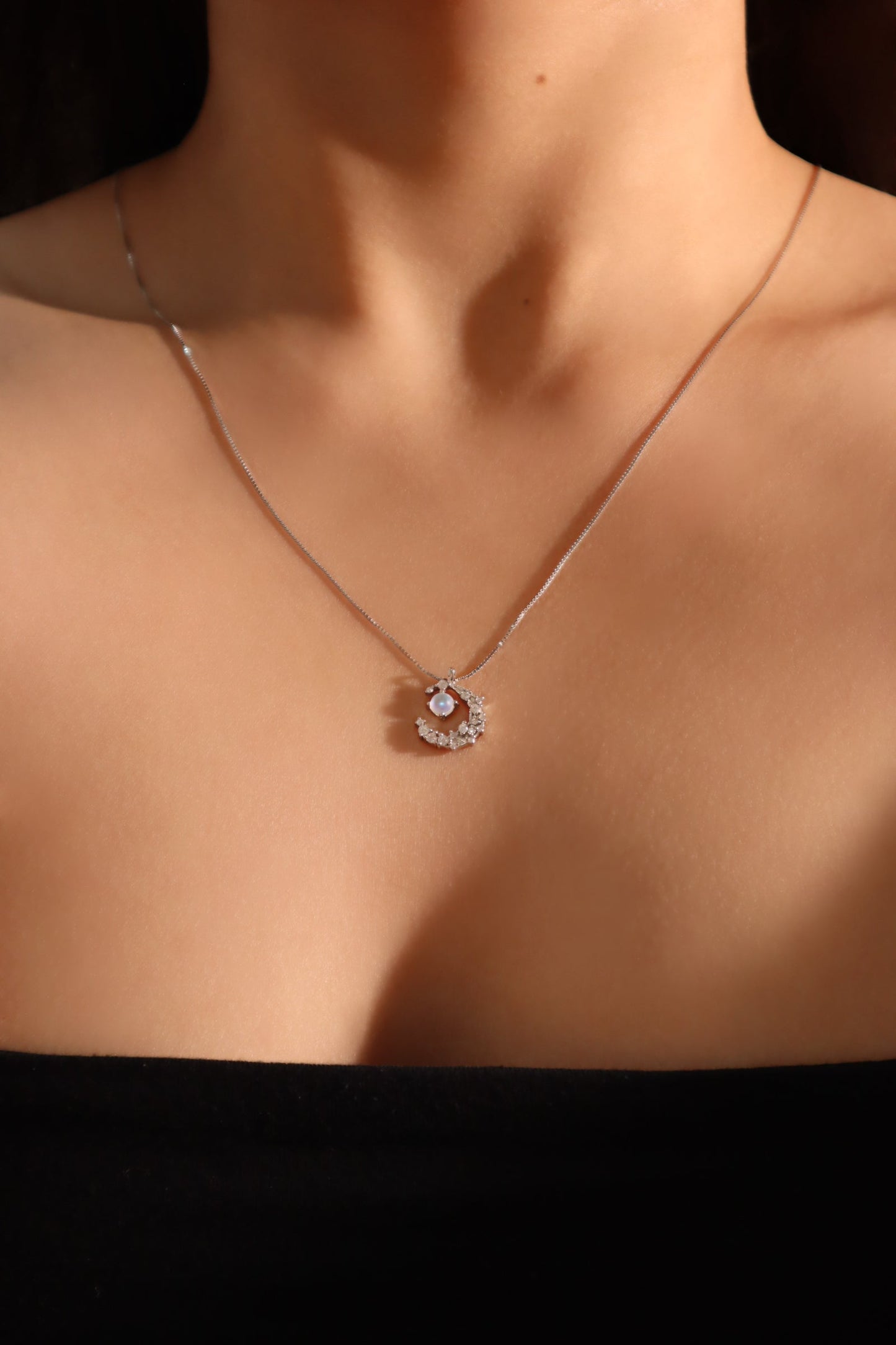 Palladium White Gold Plated Moonstone Moon Necklace