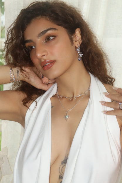 Palladium White Gold Plated Pole Star Wave Layer Necklace