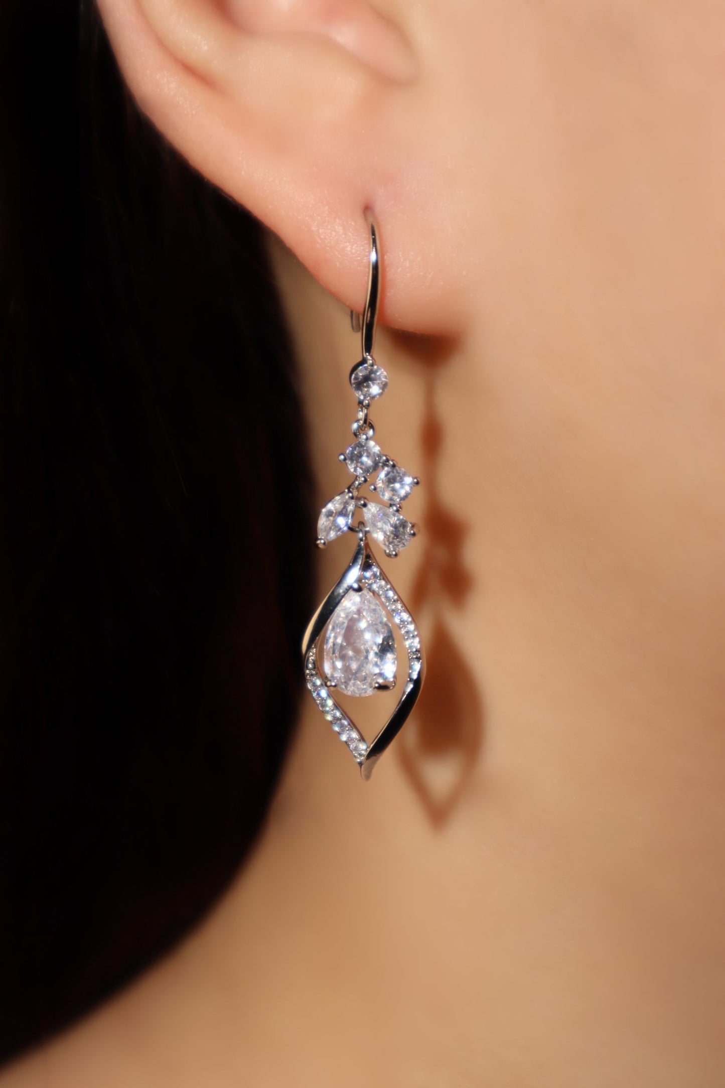 Palladium White Gold Plated Diamond Droplet Dangle Earrings