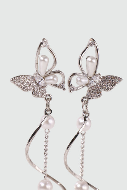Palladium White Gold Plated Diamond Butterfly Pearls Dangle Earrings