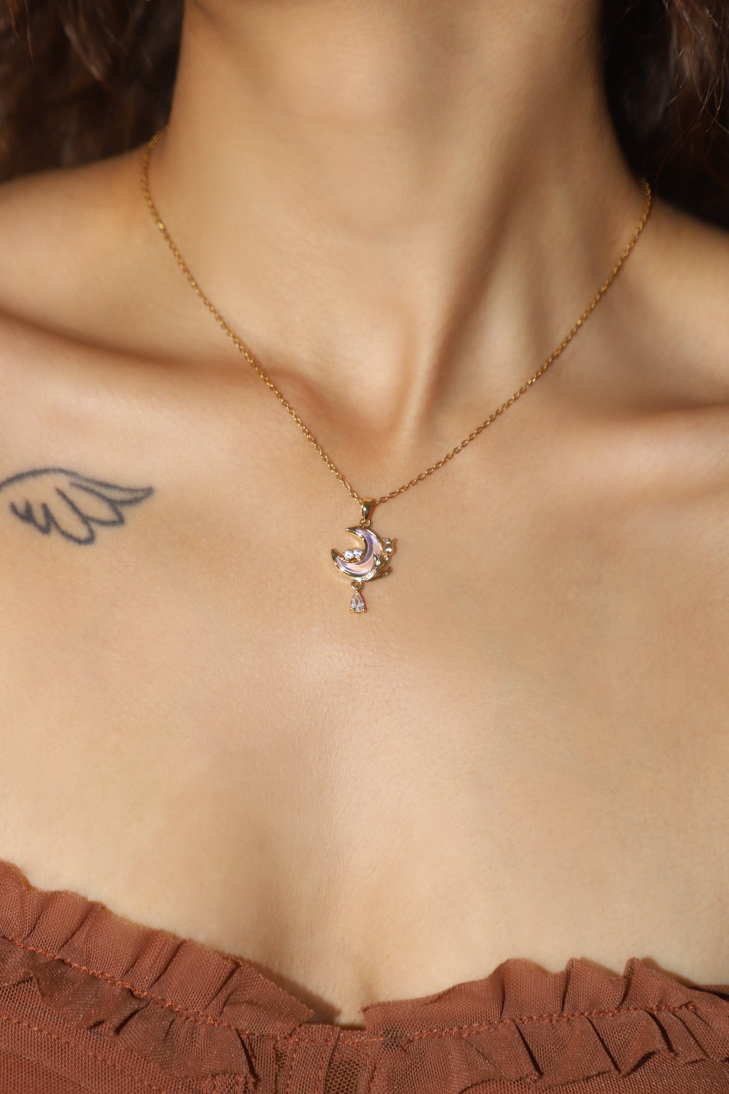 18K Real Gold Plated Moonstone Rose Moon Necklace