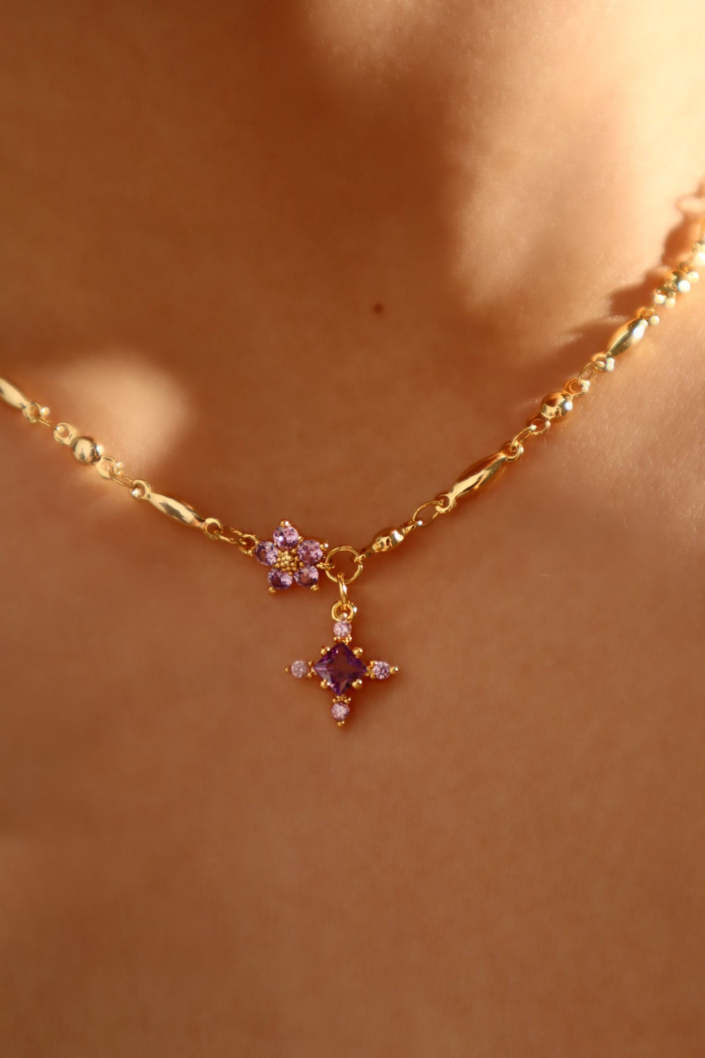 18K Real Gold Plated Amethyst Starlight Cross Necklace