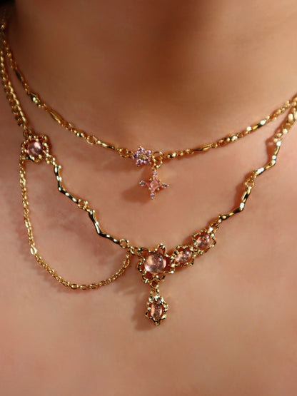 18K Real Gold Plated Pink Lavender Gem Dangle Necklace