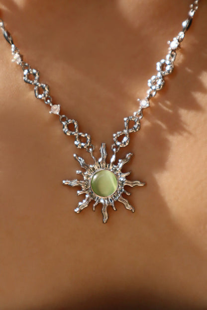 Palladium White Gold Plated Green Opal Sun Necklace