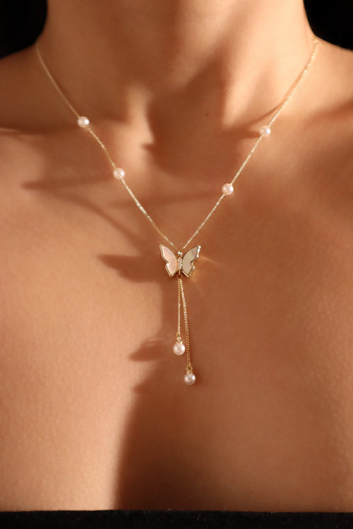 14K Real Gold Plated Butterfly Pearls Necklace