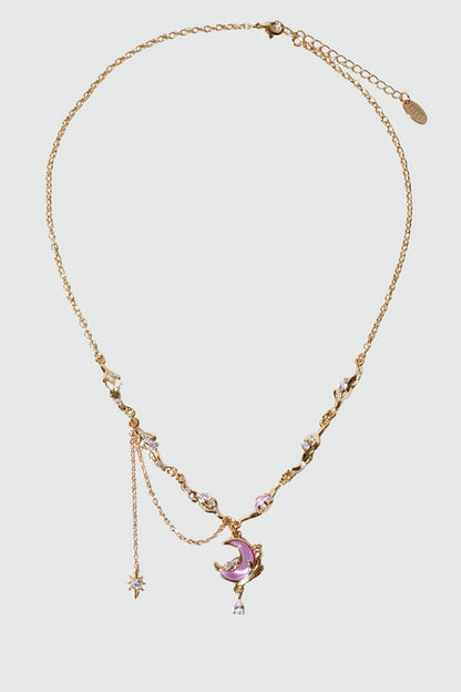 18K Real Gold Plated Sparkle Rose Moon Necklace