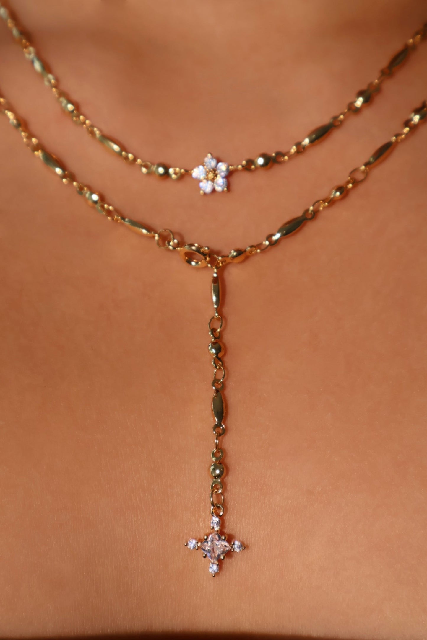 18K Real Gold Plated Starlight Cross Lariat Necklace