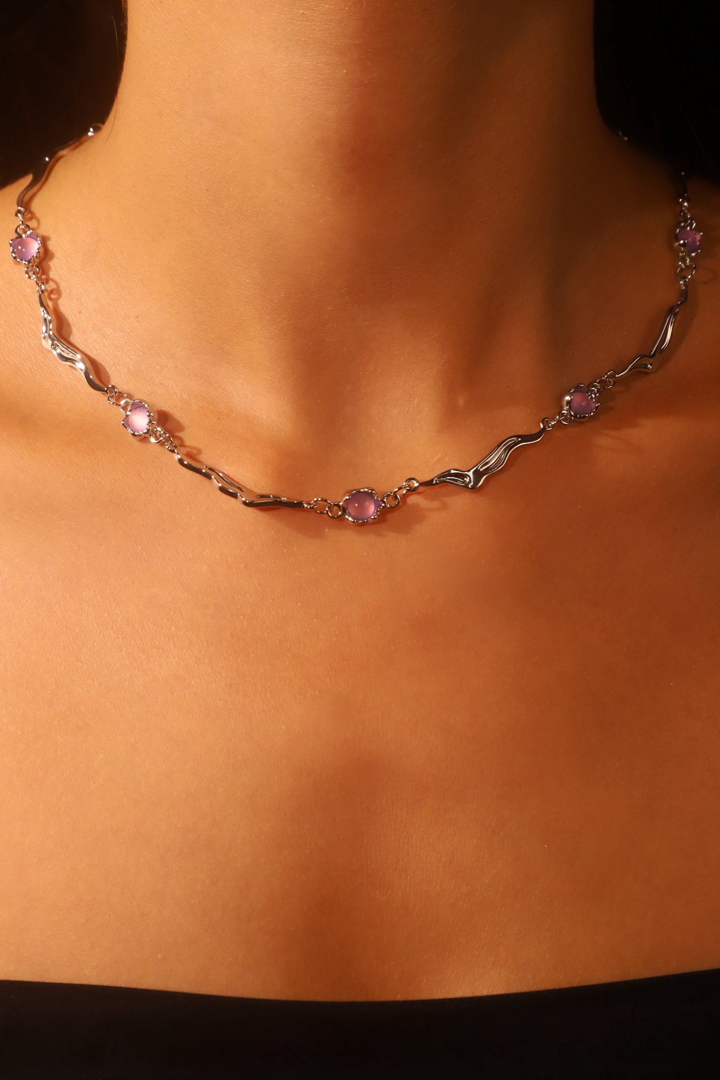 Palladium White Gold Plated Purple Opal Wave Necklace