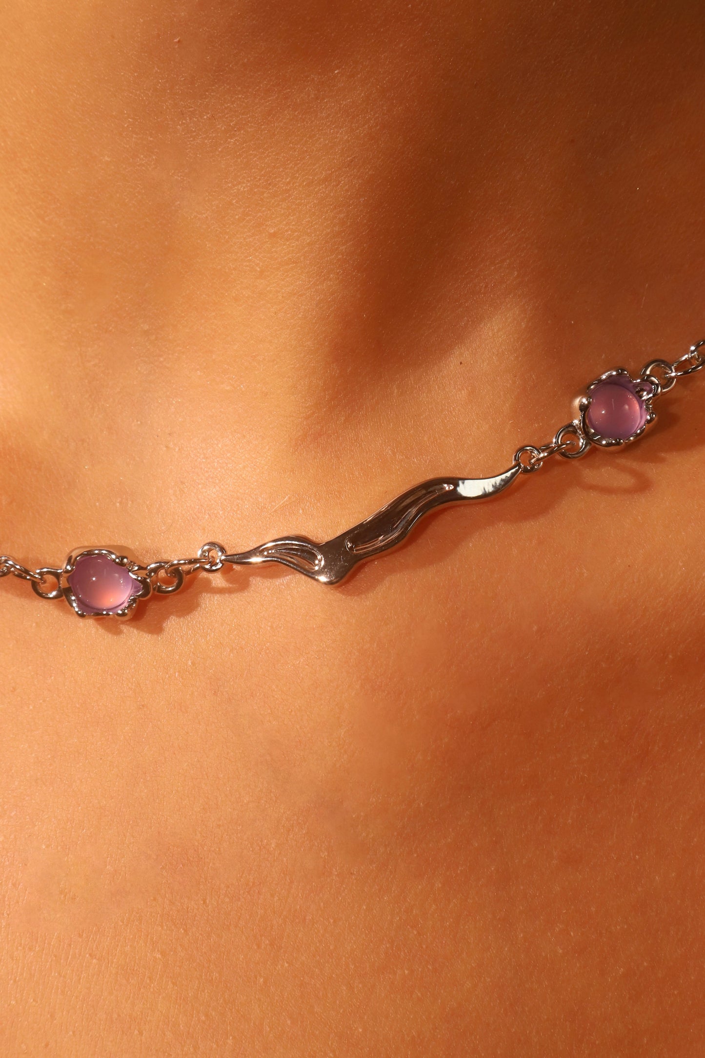 Palladium White Gold Plated Purple Opal Wave Necklace