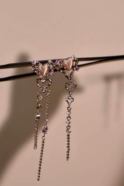 Palladium White Gold Plated Pink Opal Heart Dangle Earrings