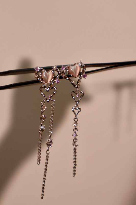 Palladium White Gold Plated Pink Opal Heart Dangle Earrings