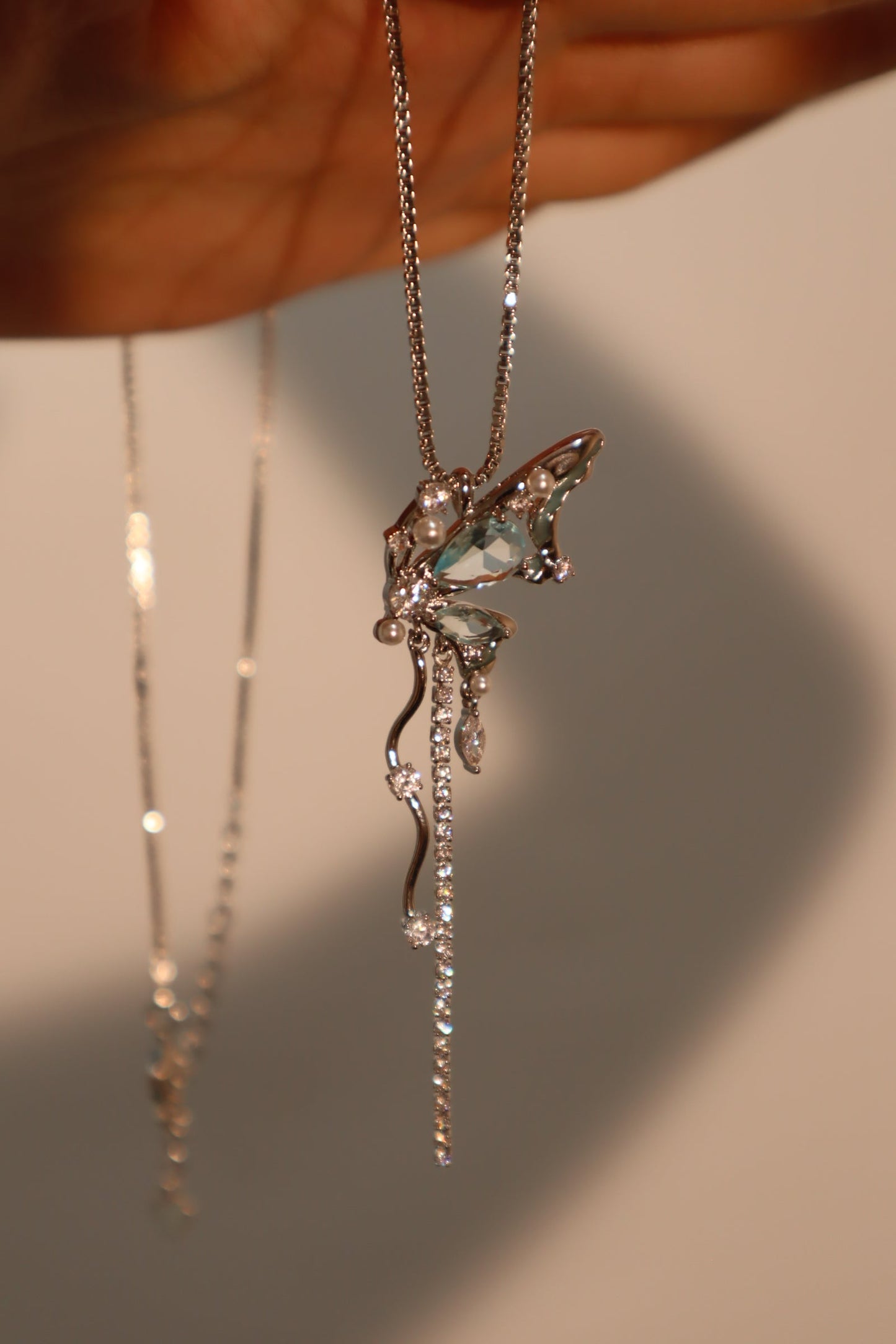Palladium White Gold Plated Blue Gem Butterfly Necklace