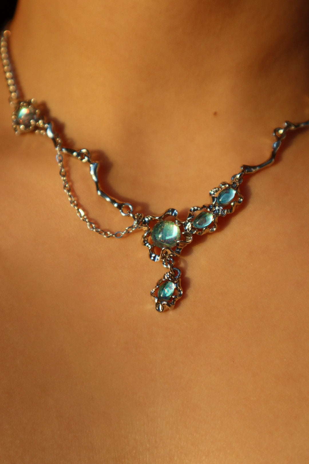 Palladium White Gold Plated Opal Dangle Necklace