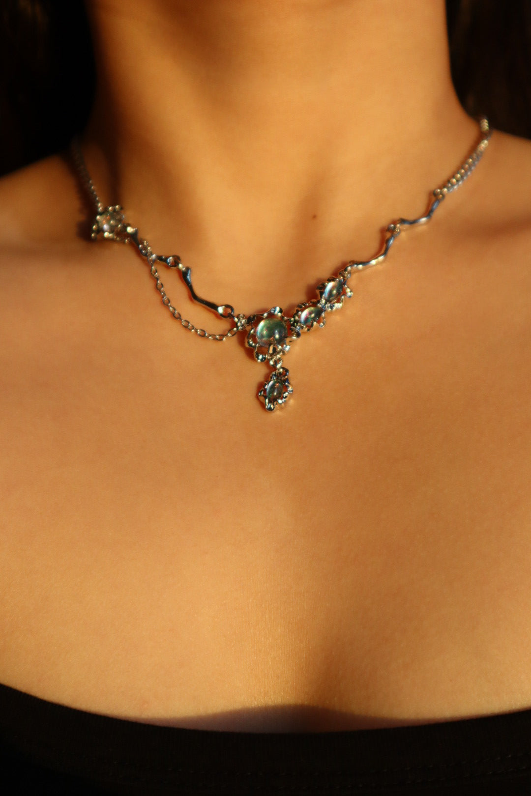 Palladium White Gold Plated Opal Dangle Necklace