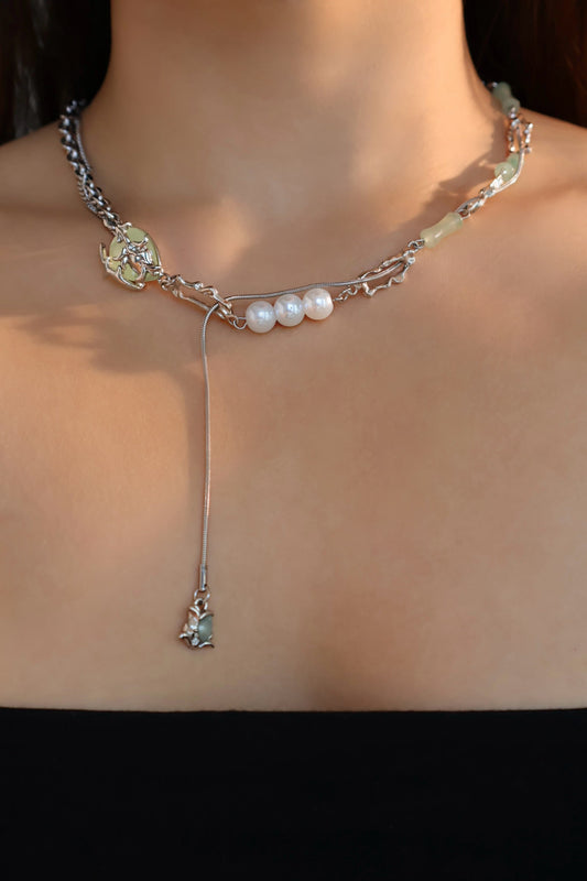 Palladium White Gold Plated Jade Pearls Necklace