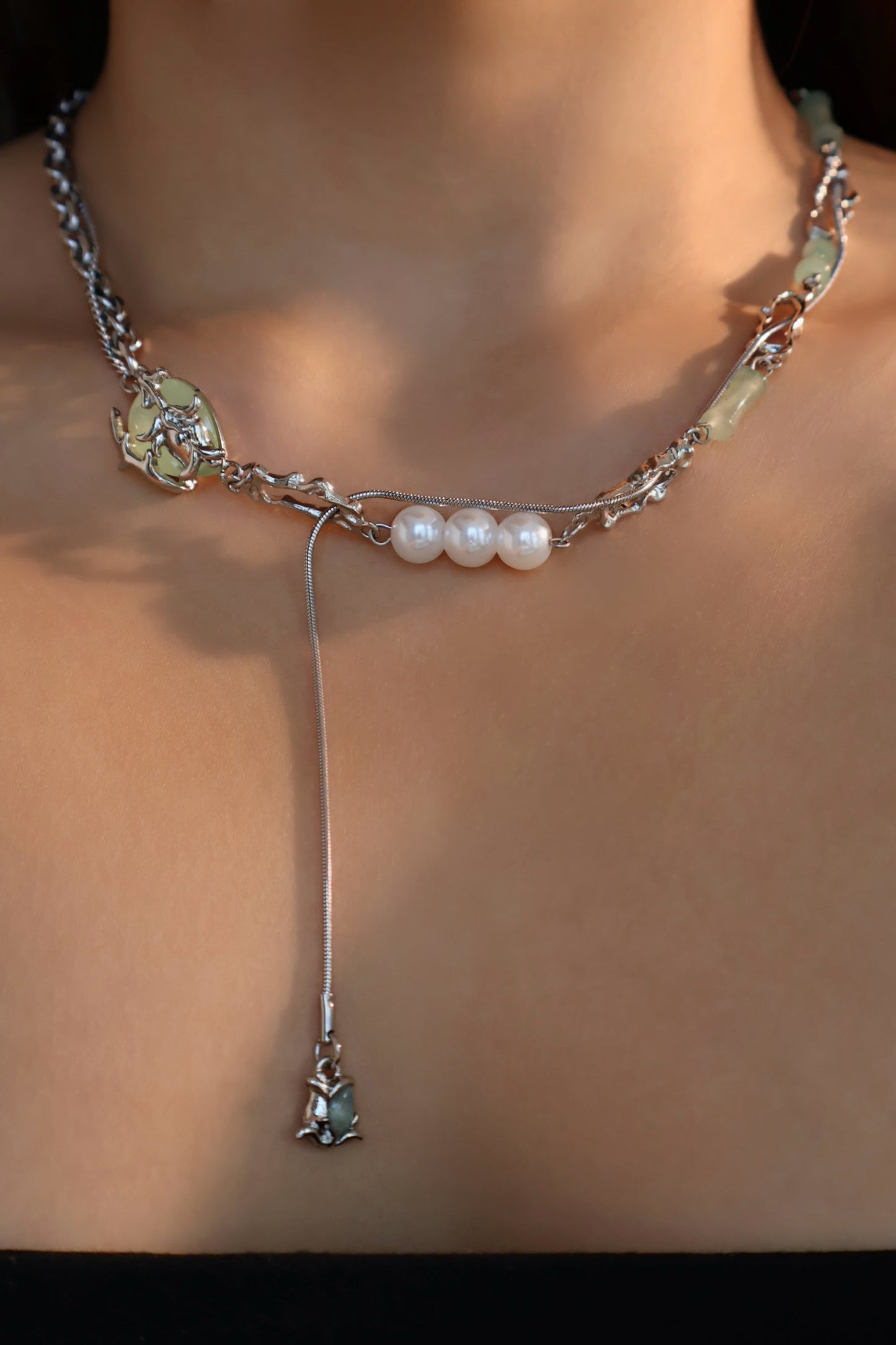 Palladium White Gold Plated Jade Pearls Necklace
