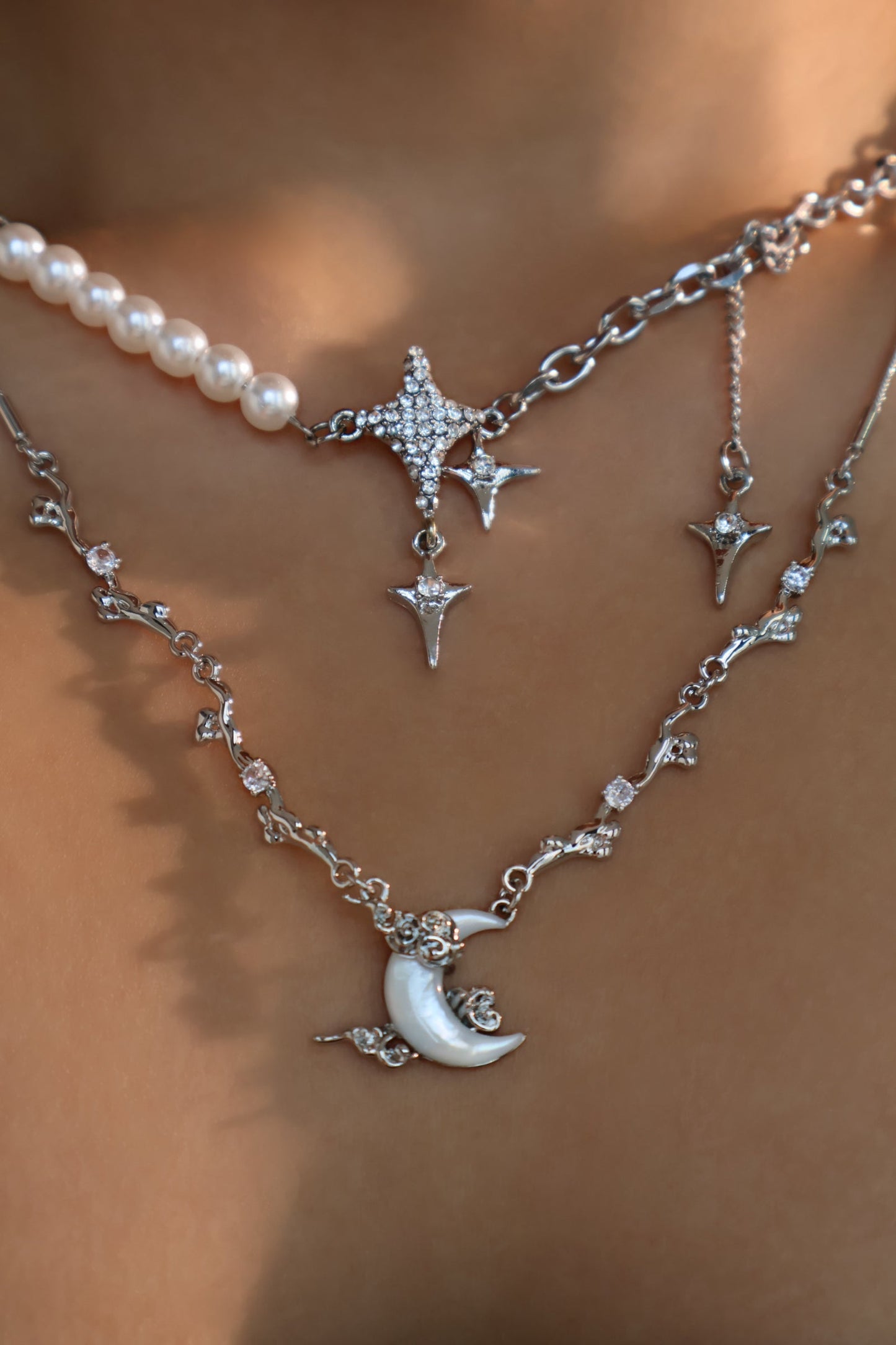 Palladium White Gold Plated Diamonds Natural Shell Moon Necklace